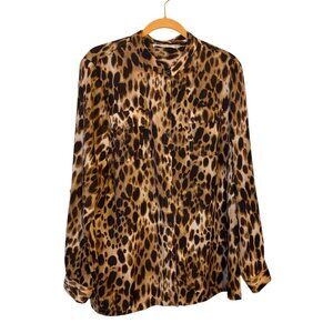 JONES NEW YORK Womens Poly Blouse Long Sleeve Animal Leopard Button Size 1X
